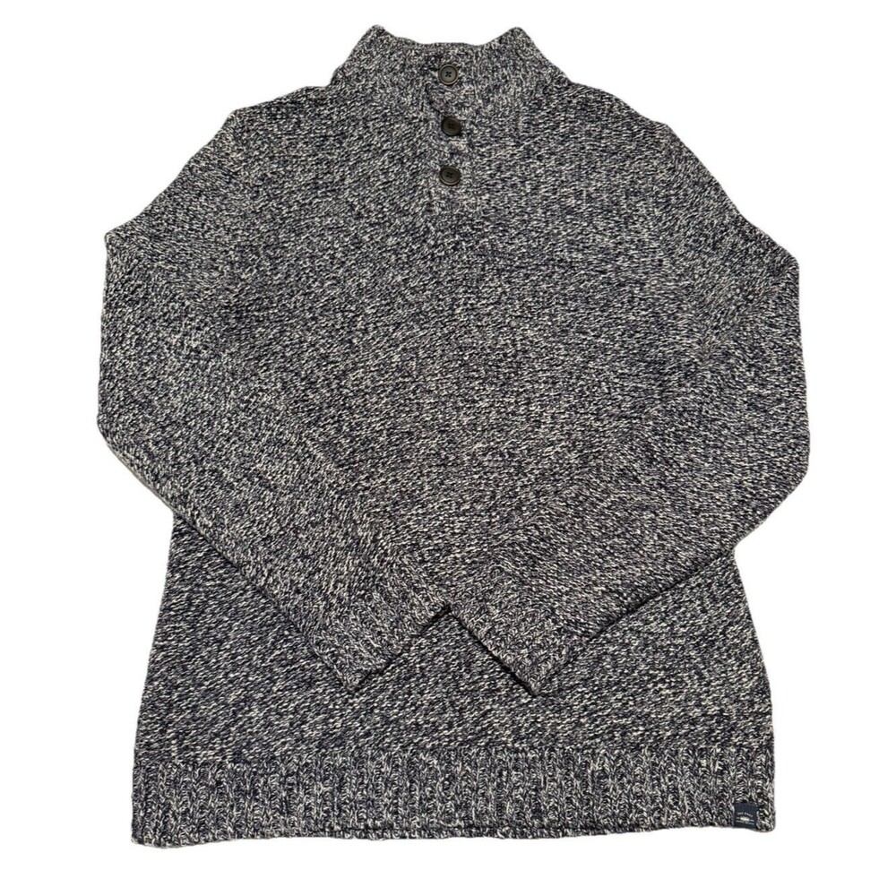 Fat Face Knit Sweater Men Size Medium 3 Button Henley Pullover Blue Mock Neck